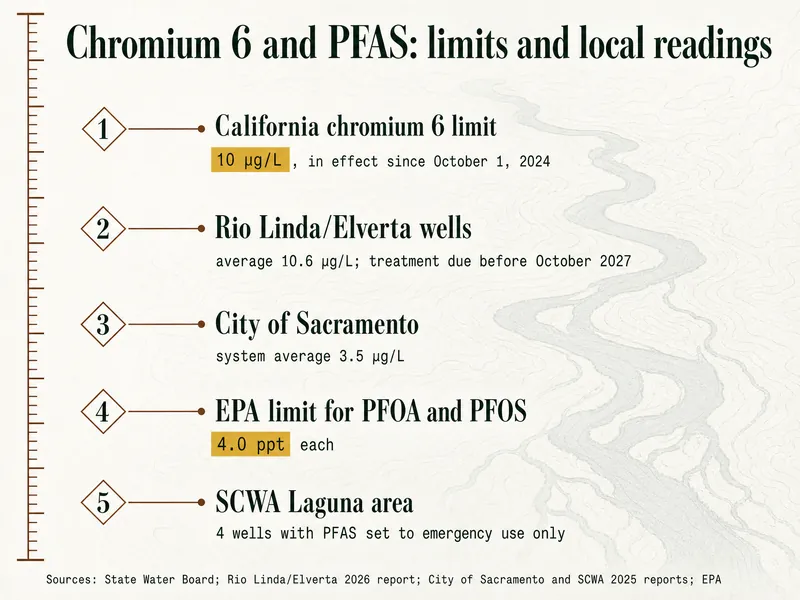 Survey chart titled Chromium 6 and PFAS: limits and local readings. Marker 1: California chromium 6 limit, 10 µg/L, in effect since October 1, 2024. Marker 2: Rio Linda/Elverta wells, average 10.6 µg/L, treatment due before October 2027. Marker 3: City of Sacramento, system average 3.5 µg/L. Marker 4: EPA limit for PFOA and PFOS, 4.0 ppt each. Marker 5: SCWA Laguna area, 4 wells with PFAS set to emergency use only. Source line: State Water Board; Rio Linda/Elverta 2026 report; City of Sacramento and SCWA 2025 reports; EPA.