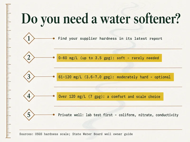 Survey chart titled Do you need a water softener? Marker 1: find your supplier hardness in its latest report. Marker 2: 0-60 mg/L (up to 3.5 gpg), soft, rarely needed. Marker 3: 61-120 mg/L (3.6-7.0 gpg), moderately hard, optional. Marker 4: over 120 mg/L (7 gpg), a comfort and scale choice. Marker 5: private well, lab test first for coliform, nitrate and conductivity. Credits at the bottom name the USGS hardness scale and the State Water Board's booklet for well owners.