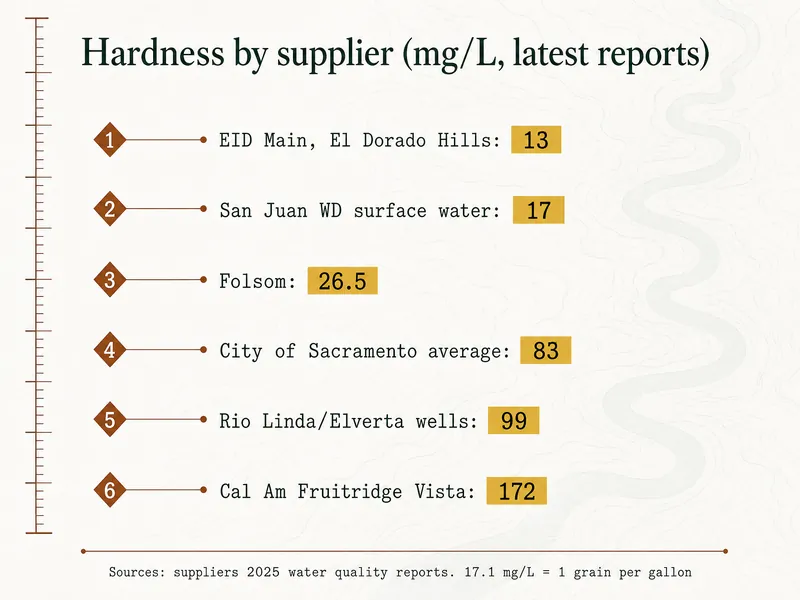 Survey chart titled Hardness by supplier (mg/L, latest reports). Marker 1: EID Main, El Dorado Hills, 13. Marker 2: San Juan WD surface water, 17. Marker 3: Folsom, 26.5. Marker 4: City of Sacramento average, 83. Marker 5: Rio Linda/Elverta wells, 99. Marker 6: Cal Am Fruitridge Vista, 172. Bottom credit: suppliers' 2025 water quality reports; 17.1 mg/L equals 1 grain per gallon.