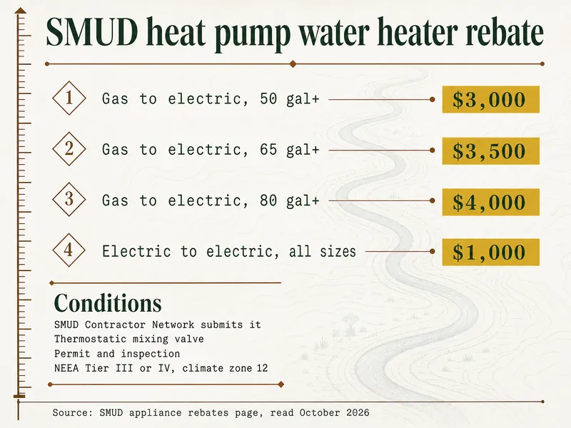 Survey chart titled SMUD heat pump water heater rebate: gas to electric 50 gal+ $3,000; gas to electric 65 gal+ $3,500; gas to electric 80 gal+ $4,000; electric to electric all sizes $1,000; conditions: SMUD Contractor Network submits it, thermostatic mixing valve, permit and inspection, NEEA Tier III or IV climate zone 12; source SMUD appliance rebates page, read October 2026