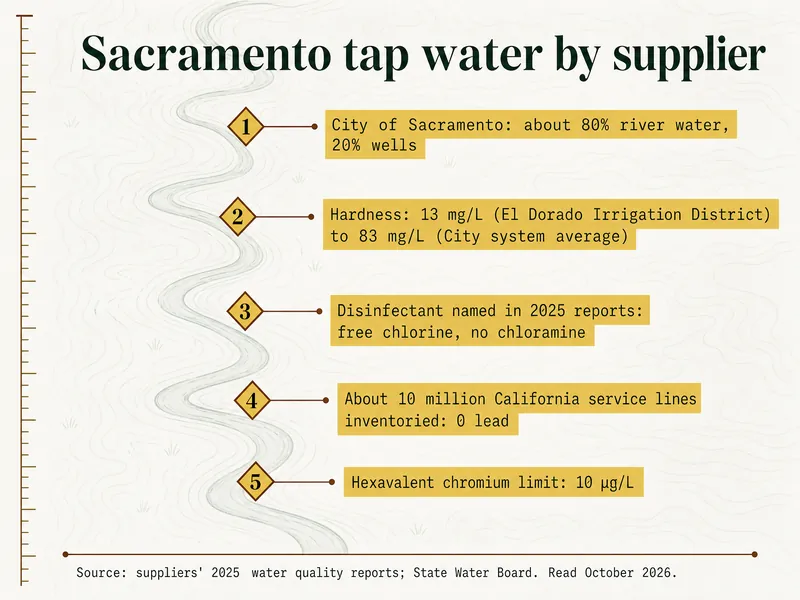 Survey chart titled Sacramento tap water by supplier: 1, City of Sacramento about 80% river water, 20% wells; 2, hardness from 13 mg/L at El Dorado Irrigation District to 83 mg/L for the City system average; 3, disinfectant named in 2025 reports: free chlorine, no chloramine; 4, about 10 million California service lines inventoried, 0 lead; 5, hexavalent chromium limit 10 µg/L. Source: suppliers' 2025 water quality reports; State Water Board, read October 2026.