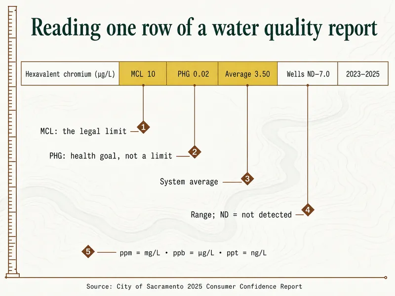 Survey-chart infographic titled "Reading one row of a water quality report". A single table row reads: Hexavalent chromium (µg/L), MCL 10, PHG 0.02, Average 3.50, Wells ND–7.0, 2023–2025. Marker 1 labels MCL: the legal limit. Marker 2 labels PHG: health goal, not a limit. Marker 3 labels the system average. Marker 4 labels the range; ND = not detected. Marker 5: ppm = mg/L, ppb = µg/L, ppt = ng/L. Credit along the bottom: City of Sacramento 2025 Consumer Confidence Report.