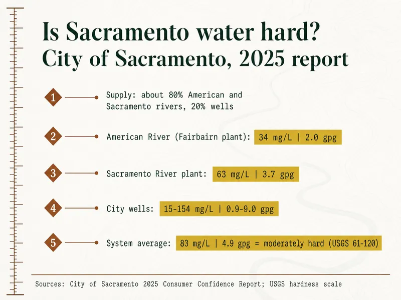 Survey chart titled Is Sacramento water hard? City of Sacramento, 2025 report. Marker 1: supply about 80% American and Sacramento rivers, 20% wells. Marker 2: American River (Fairbairn plant) 34 mg/L, 2.0 gpg. Marker 3: Sacramento River plant 63 mg/L, 3.7 gpg. Marker 4: City wells 0.9-9.0 gpg (15-154 mg/L). Marker 5: system average 4.9 gpg (83 mg/L), moderately hard (USGS 61-120). Bottom credit names the City's 2025 Consumer Confidence Report and the USGS hardness scale.