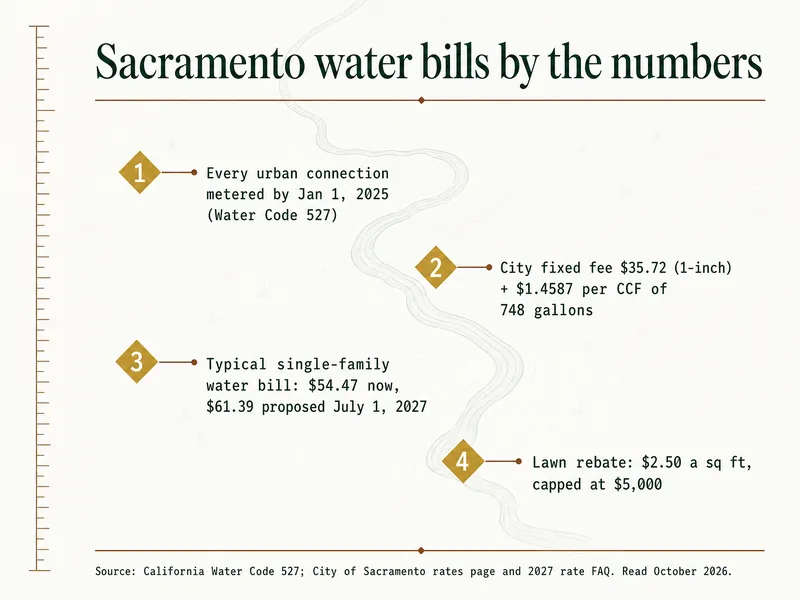 Survey chart titled Sacramento water bills by the numbers: 1, every urban connection metered by January 1, 2025 under Water Code 527; 2, City fixed fee $35.72 (1-inch) plus $1.4587 per CCF of 748 gallons; 3, typical single-family water bill $54.47 now, $61.39 proposed for July 1, 2027; 4, lawn rebate $2.50 a square foot, capped at $5,000. Source: California Water Code 527; City of Sacramento rates page and 2027 rate FAQ, read October 2026.