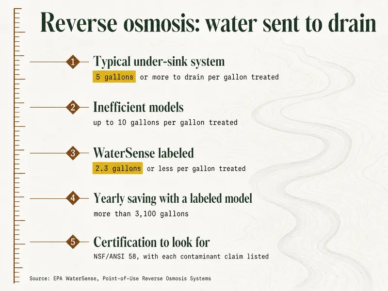 Survey chart titled Reverse osmosis: water sent to drain. Marker 1: Typical under-sink system, 5 gallons or more to drain per gallon treated. Marker 2: Inefficient models, up to 10 gallons per gallon treated. Marker 3: WaterSense labeled, 2.3 gallons or less per gallon treated. Marker 4: Yearly saving with a labeled model, more than 3,100 gallons. Marker 5: Certification to look for, NSF/ANSI 58, with each contaminant claim listed. Source line: EPA WaterSense, Point-of-Use Reverse Osmosis Systems.