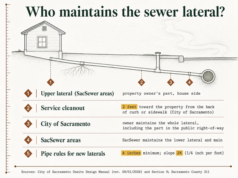 Survey chart titled Who maintains the sewer lateral? A cross-section of a house, a sloping lateral with a cleanout near the sidewalk and roots at one joint, running to the street main. Markers: 1, upper lateral in SacSewer areas, the property owner's part on the house side; 2, service cleanout 2 feet toward the property from the back of curb or sidewalk (City of Sacramento); 3, City of Sacramento, owner maintains the whole lateral including the part in the public right-of-way; 4, SacSewer areas, SacSewer maintains the lower lateral and main; 5, pipe rules for new laterals, 4 inches minimum, slope 2% (1/4 inch per foot). Sources: City of Sacramento Onsite Design Manual (rev. 09/01/2026) and Section 9; Sacramento County 311