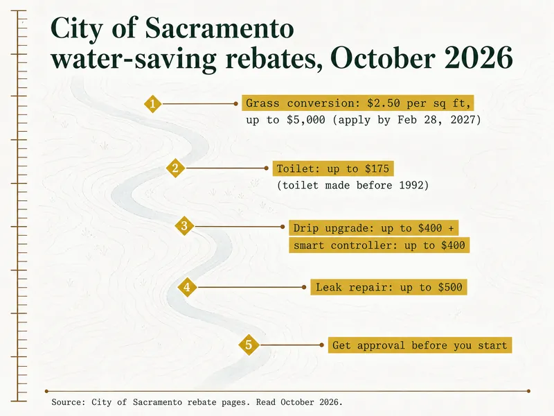 Survey chart titled City of Sacramento water-saving rebates, October 2026: 1, grass conversion $2.50 per square foot up to $5,000, apply by February 28, 2027; 2, toilet up to $175 for a toilet made before 1992; 3, drip upgrade up to $400 plus smart controller up to $400; 4, leak repair up to $500; 5, get approval before you start. Source: City of Sacramento rebate pages, read October 2026.