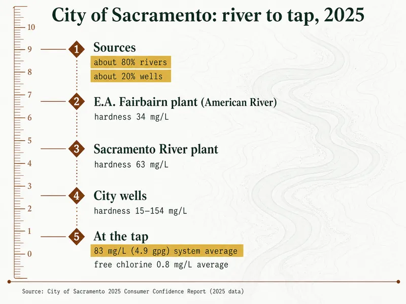 Survey-chart infographic titled "City of Sacramento: river to tap, 2025". Marker 1, Sources: about 80% rivers and about 20% wells. Marker 2, E.A. Fairbairn plant (American River): hardness 34 mg/L. Marker 3, Sacramento River plant: hardness 63 mg/L. Marker 4, City wells: hardness 15–154 mg/L. Marker 5, At the tap: 83 mg/L (4.9 gpg) system average and free chlorine 0.8 mg/L average. Source line: City of Sacramento 2025 Consumer Confidence Report (2025 data).