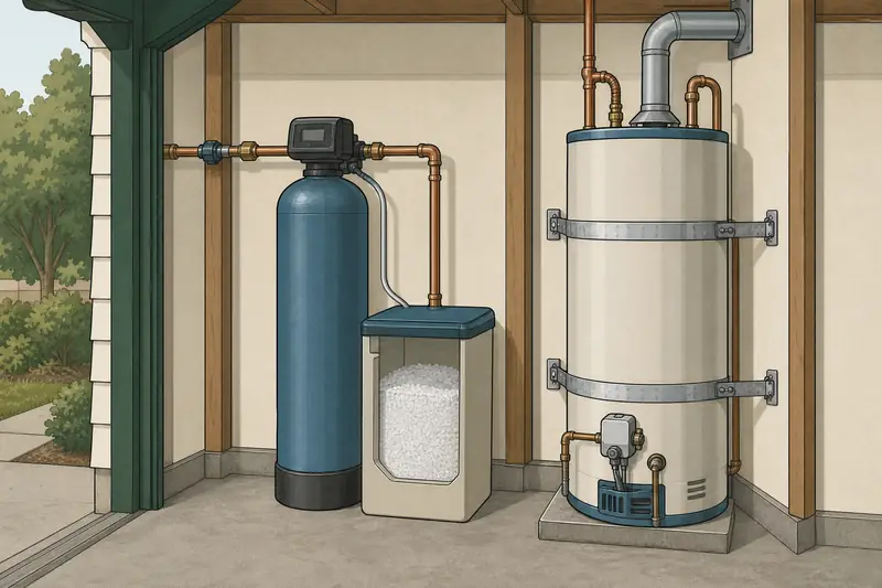 Illustration of a gas water heater held to a garage wall by two metal straps, beside a blue softener tank and a salt bin