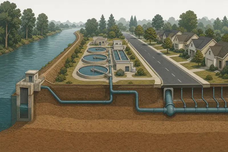 Drawing in section showing river water entering a bank structure, passing circular clarifiers and flowing by buried main to houses