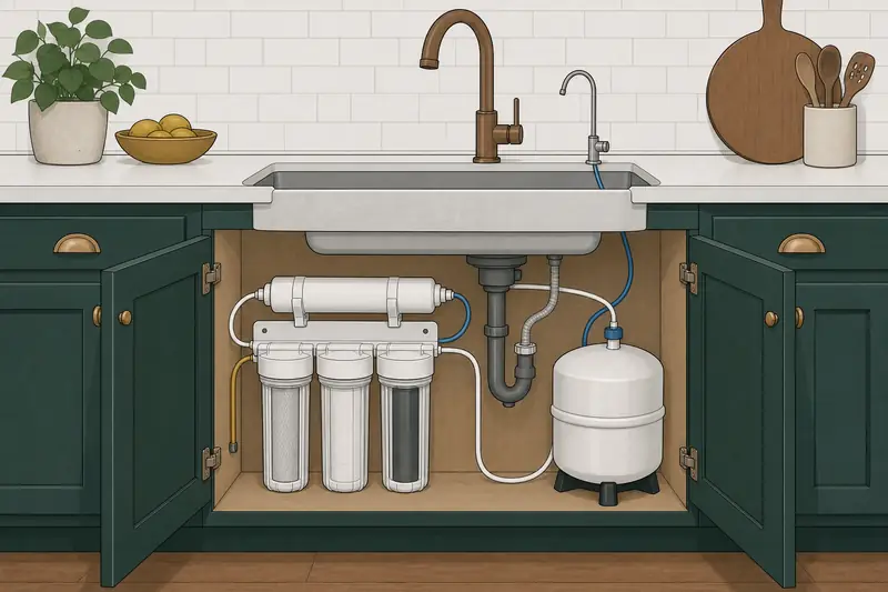 Illustration of an open kitchen sink cabinet holding three white filter canisters, a horizontal membrane housing and a round storage tank, piped to a slim second faucet on the counter